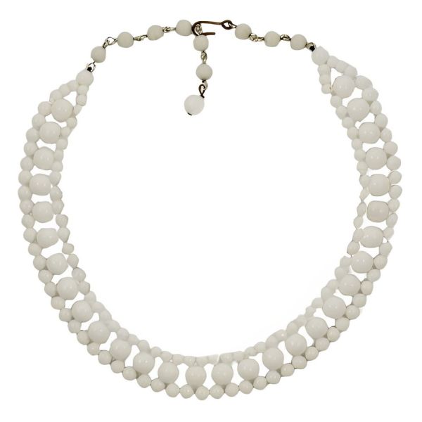 White Milk Glass Ladder Style Beaded Necklace circa 1950s